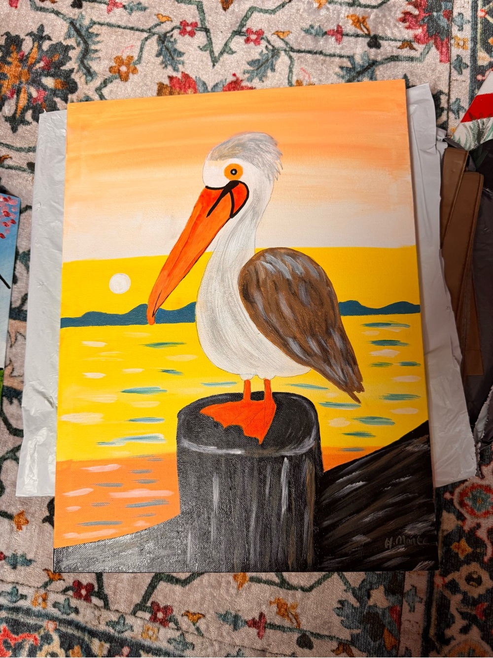 Hand-Painted Pelican Sunset Canvas